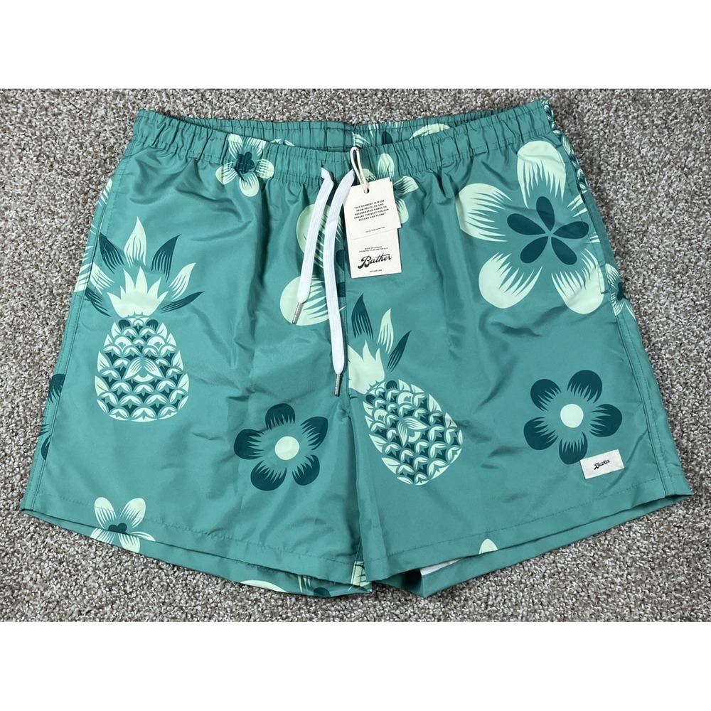 BATHER Swim Trunks Mens Large Mesh Lined Green Floral Hawaiian Print NWT